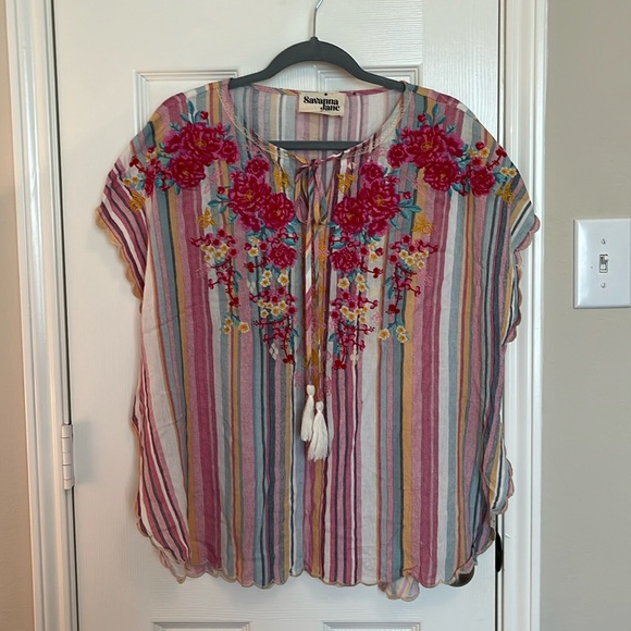 Savanna Jane Tops - Savanna Jane Striped Floral Tassel Blouse
